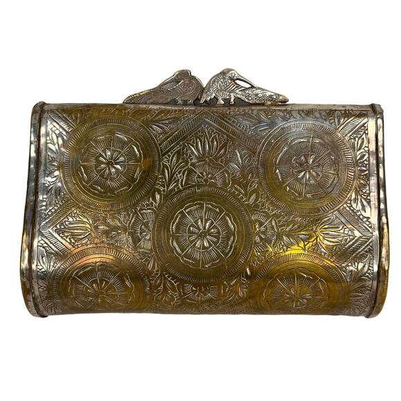 Vintage Peacock Flower Engraved Brass Pillow Purse Chain Strap 7" x 4.5" - Picture 2 of 16